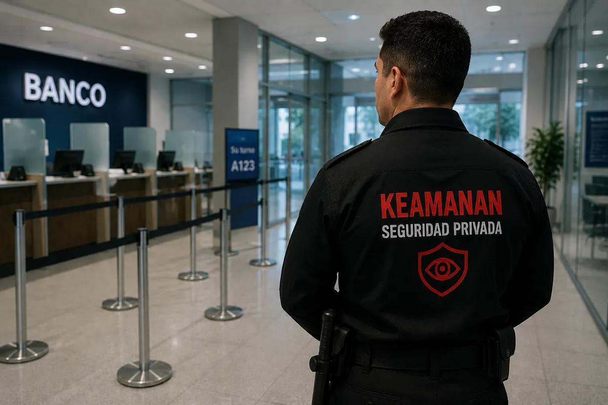 Guardia de seguridad privada de Keamanan SRL custodiando el hall de una sucursal bancaria en Buenos Aires